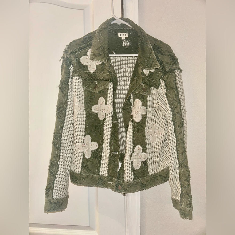 POL Olive and Cream Women's Jean Jacket